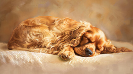 Portray the serene beauty of a Cocker Spaniel in repose with a hyperrealistic image of the dog sleeping.