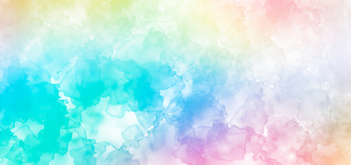 Abstract painting background with oil paints with watercolor splashes. Blue, teal and purple watercolor splashes