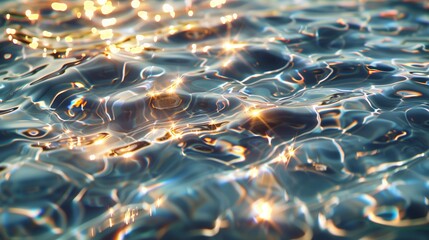 Close-up of transparent water surface with ripples and reflections, featuring silver veins. The...