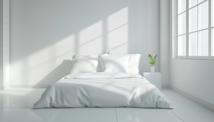 white bed in white empty room