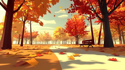 Fotobehang simple illustration, simple colors, Autumn foliage in a park vector simple 3d smooth isolated illustration. Generative Ai © Handz