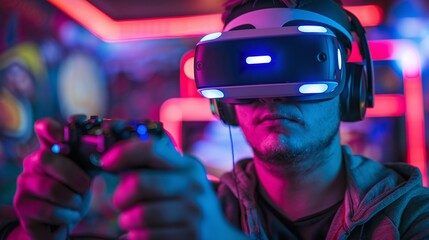 portrait of a man deeply engaged in playing a game using a vr headset and console