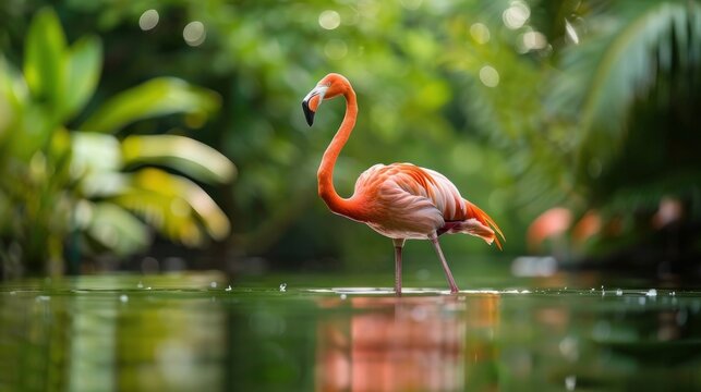 Colorful bird Greater Flamingo. Phoenicopterus roseus. Green nature and water background.
