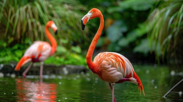 Colorful bird Greater Flamingo. Phoenicopterus roseus. Green nature and water background.