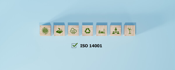ISO 14001 concept. ISO 14001 certified for environmental management systems (EMS). Identify, control and reduce the environmental impact of activities.