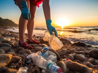 Global environmental pollution. A volunteer collects plastic bottles on the ocean shore. Hands close-up. Cleaning of the coastal zone. The concept of environmental conservation.