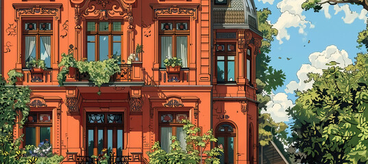 Fototapeta premium art nouveau style, artmodern style, winter in the city, generative ai, landscape, architecture, chasny house, background, modern