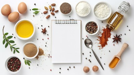 Different ingredients on white background with empty notepad ,Generative ai ,  - obrazy, fototapety, plakaty