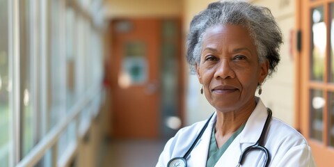 Senior care provider assistance, retirement home nursing, and support for the health of elderly women Black portrait physician of African American descent - obrazy, fototapety, plakaty