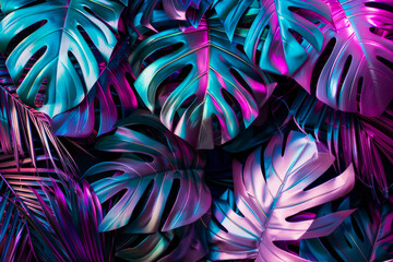 Natural background floral texture with exotic leaves in neon green and purple light with metallic, shiny look. - obrazy, fototapety, plakaty