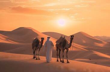 Fototapeta na wymiar A man in white robes stands next to two camels walking through the sahara desert with waves of sand under an orange sky during sunset in the evening 