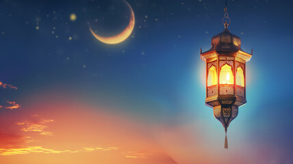 Fototapeta na wymiar Eid Mubarak Banner with Sky Background, Crescent and Lantern 