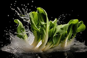 Bok choy , Throw it into the water and spread it out , vegetable , black background.