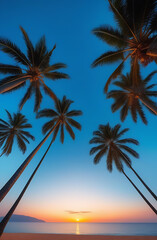 Fototapeta na wymiar Silhouette of palm trees Beautiful sunset on the tropical sea beach background for travel in holiday relax time,. High quality photo