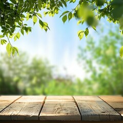 Wooden Table With Green Leaves