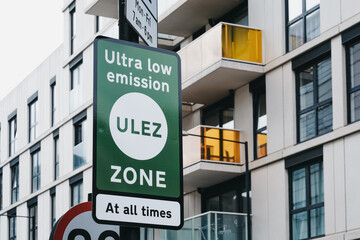 Sign indicating Ultra Low Emission Zone (ULEZ) on a street in London, UK.
