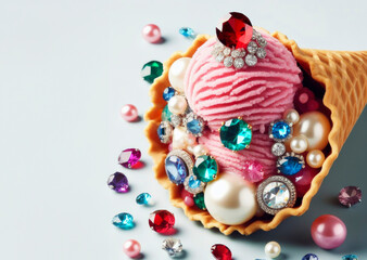 One waffle cone with vanilla ice cream topped with an opulent array of colorful jewels and pearls