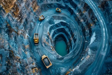 Aerial perspective of openpit mining operation with trucks transporting ore. Concept Mining Industry, Aerial Photography, Open-Pit Operations, Ore Transportation, Industrial Landscapes - obrazy, fototapety, plakaty