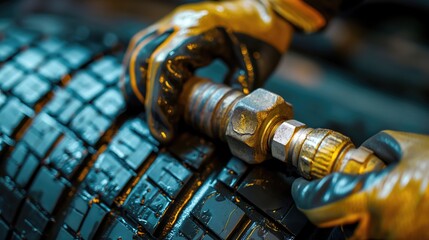 Close-up of a tire repair worker's hands. Ai