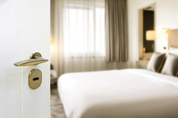 Opened White door of hotel room with blurred bedroom background - 763922942
