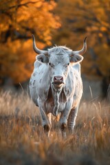 a huge muscular white bull with big black and white horns standing in a greeny grass field with trees and clear blue sky covered with white clouds in the background