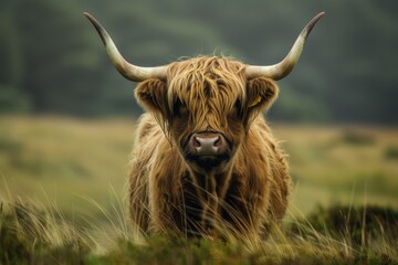 closeup image of an old brown cute highland cow with big horns and long hairs standing in a grassy field during sunshine in the morning