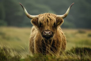 Papier Peint photo Highlander écossais closeup image of an old brown cute highland cow with big horns and long hairs standing in a grassy field during sunshine in the morning