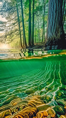 Sunlit Forest and Crystal Clear Underwater View: A Glimpse into Nature’s Serenity