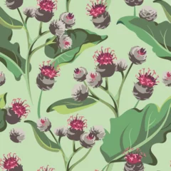 Meubelstickers Seamless pattern. Flowers - Burdock isolated on the green background. Hand-drawn illustrations of wildflowers.  © Yulia Ogneva