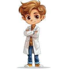 A young boy wearing a lab coat stands confidently with his arms crossed, displaying a sense of authority and knowledge. He appears serious and focused, embodying the role of a scientist or researcher