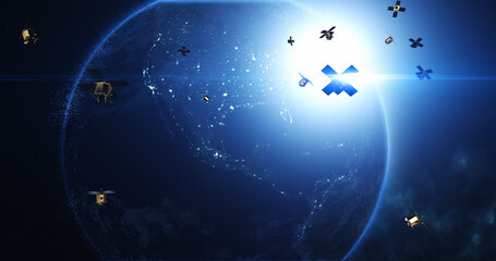 Satellite Networks Enabling Global Telecommunication and High-Speed Internet. Industry And Technology Related 3D Render.