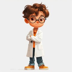 A young boy wearing glasses is dressed in a white lab coat. He appears to be engaged in a scientific experiment, holding a test tube with a serious expression on his face