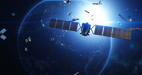 Satellites Orbiting Earth Facilitating Telecommunication and High-Speed Internet. Industry And Technology Related 3D Render. © Yucel Yilmaz