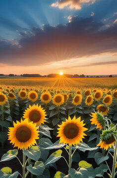 An impressive landscape with bright yellow sunflowers in the evening. Photo of the concept of ecology. The agricultural industry. Perfect wallpaper. An image of the cultivated land. The beauty of the 