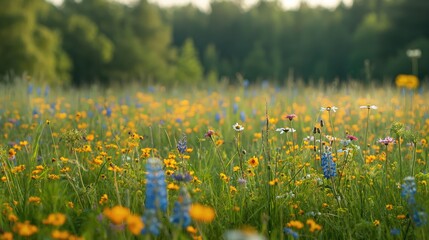 A tranquil meadow blanketed with wild flowers. AI