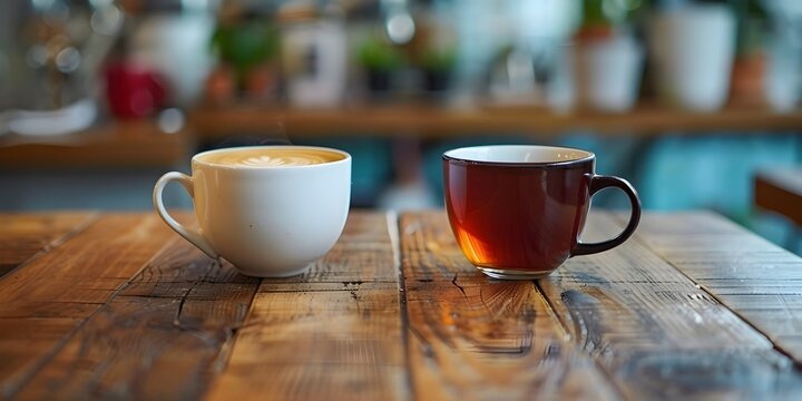 This serene image captures the tranquil coexistence of a coffee cup and a tea cup resting side by side on a rustic wooden table