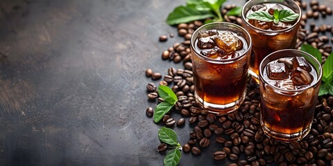 Cold Brew Coffee Served in Glasses with Beans and Mint Leaves on Wooden Table