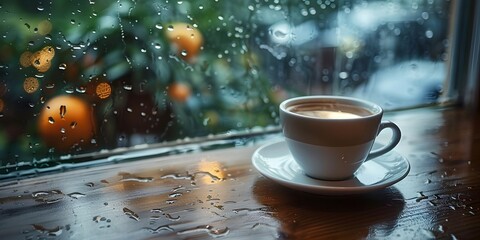 Warm Coffee on a Rainy Day Offers Comfort and Solace - obrazy, fototapety, plakaty