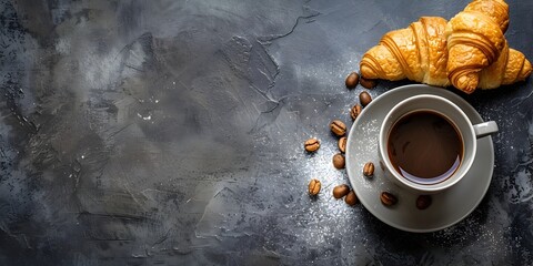 Inviting Parisian Morning with Coffee and Croissant on Rustic Table - obrazy, fototapety, plakaty