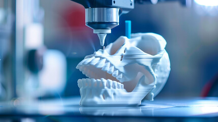 3d printer use in medical field, advanced and futuristic medical lab, laptop and 3d printer on desk, modern 3d printing technology, biotechnology - obrazy, fototapety, plakaty