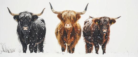 A photograph of three highland cows of different colors black dark brown and light red standing in the snow on a white background with long hairs covering the eyes
