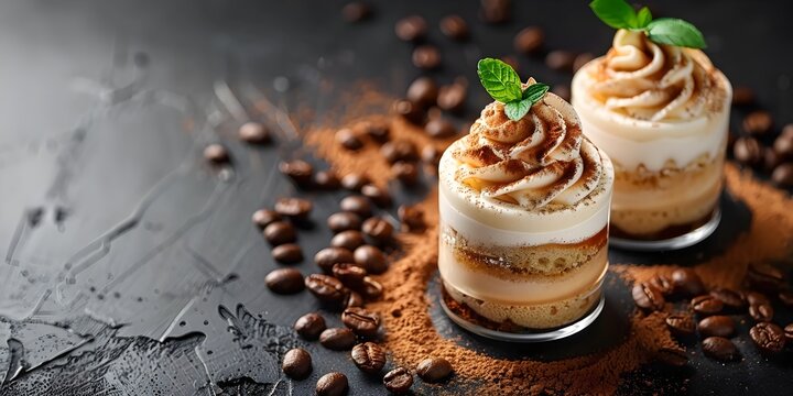 Decadent Coffee-Flavored Desserts with Whipped Cream and Crunchy Toppings on a Dark Background