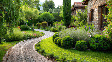 Enchanting Garden Pathway: A Journey Through Nature’s Beauty in a Well-Manicured Landscape