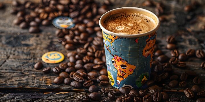Worldly Coffee Cup Adorned with Stickers of Global Travels