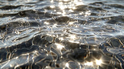 Close-up of transparent water surface with ripples and reflections, featuring silver veins. The sparkling golden light on the waters surface. Generated by artificial intelligence.