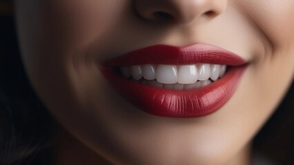 Close-up of a smiling woman's mouth with perfect teeth and bright lipstick. Perfectly straight teeth, a beautiful smile creates an impressive image of beauty and self-confidence