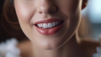 Close-up of a smiling woman's mouth with perfect teeth and nude lipstick. Perfectly straight white teeth decorated with nude lipstick, a happy facial expression through her bright smile