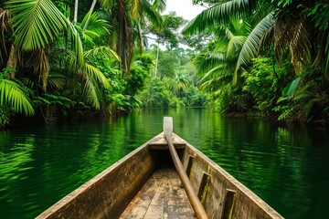 Fototapeta na wymiar Traditional Canoe in a Lush Green Tropical Forest.