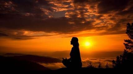 Fototapeta premium A tranquil silhouette of an individual meditating atop a hill as the sun rises, casting a warm glow over a mist-covered valley.