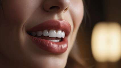 A woman's smile with perfectly white teeth, which makes her attractive and contagious. The lips are adorned with bright lipstick, and the eyelashes create a spectacular contrasting combination. This